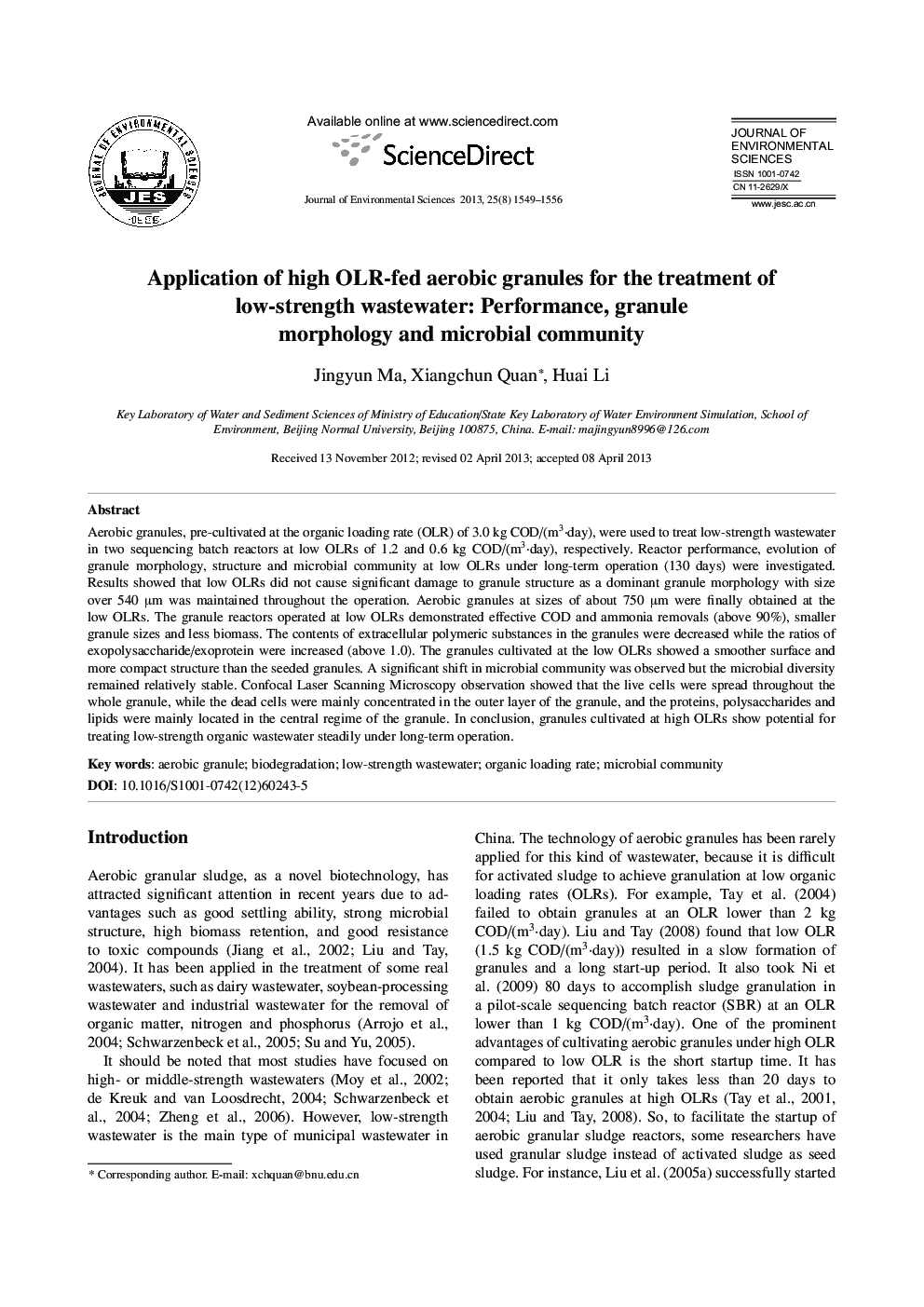 Application of high OLR-fed aerobic granules for the treatment of low-strength wastewater: Performance, granule morphology and microbial community