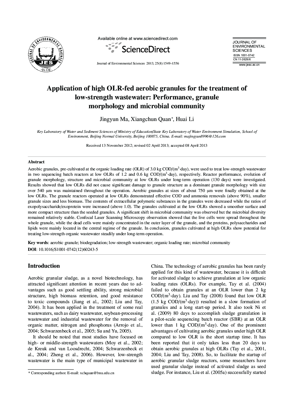 عکس صفحه اول مقاله: Application of high OLR-fed aerobic granules for the treatment of low-strength wastewater: Performance, granule morphology and microbial community Application of high OLR-fed aerobic granules for the treatment of low-strength wastewater: Performance, granule morphology and microbial community