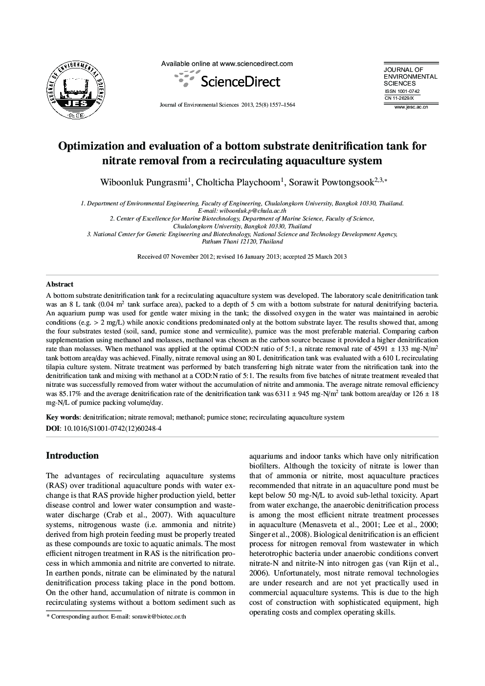 Optimization and evaluation of a bottom substrate denitrification tank for nitrate removal from a recirculating aquaculture system