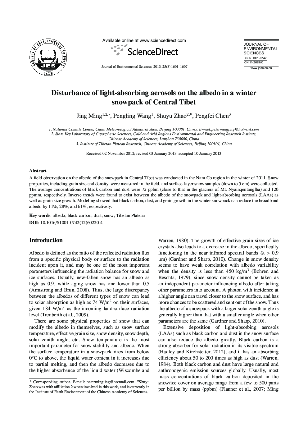 Disturbance of light-absorbing aerosols on the albedo in a winter snowpack of Central Tibet