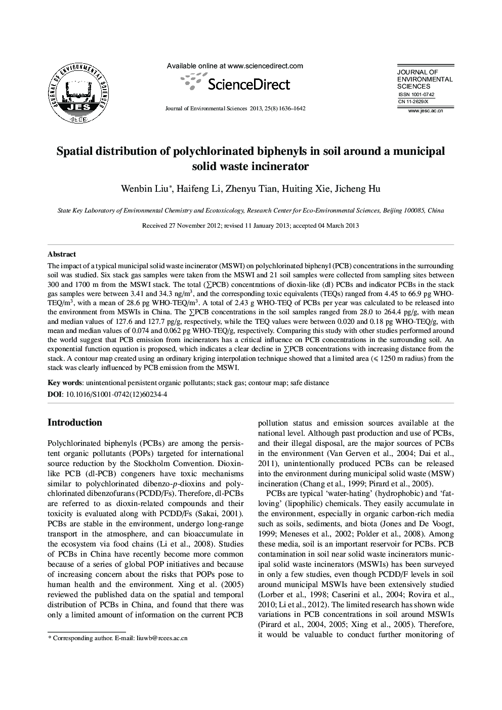 عکس صفحه اول مقاله: Spatial distribution of polychlorinated biphenyls in soil around a municipal solid waste incinerator Spatial distribution of polychlorinated biphenyls in soil around a municipal solid waste incinerator
