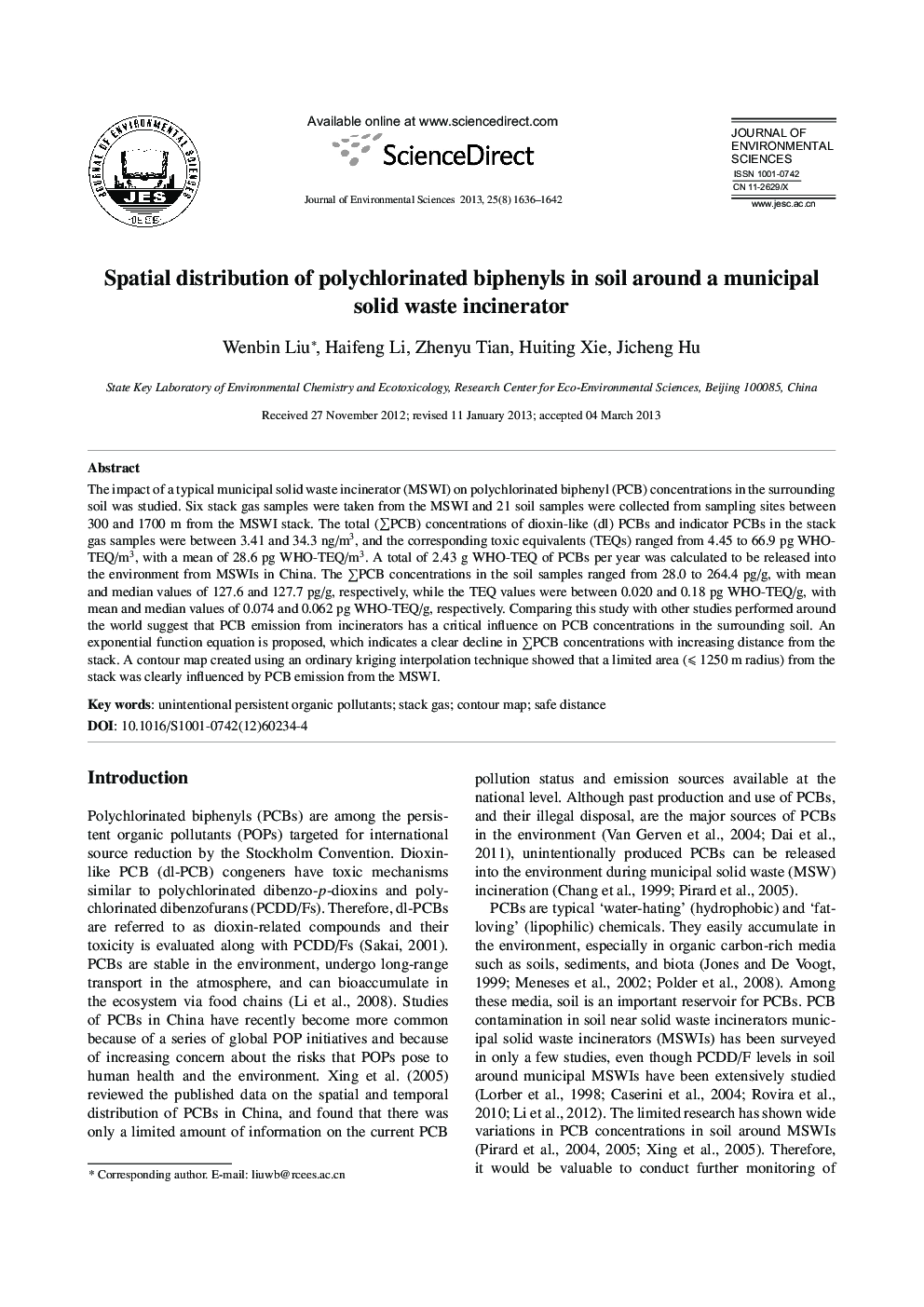 Spatial distribution of polychlorinated biphenyls in soil around a municipal solid waste incinerator