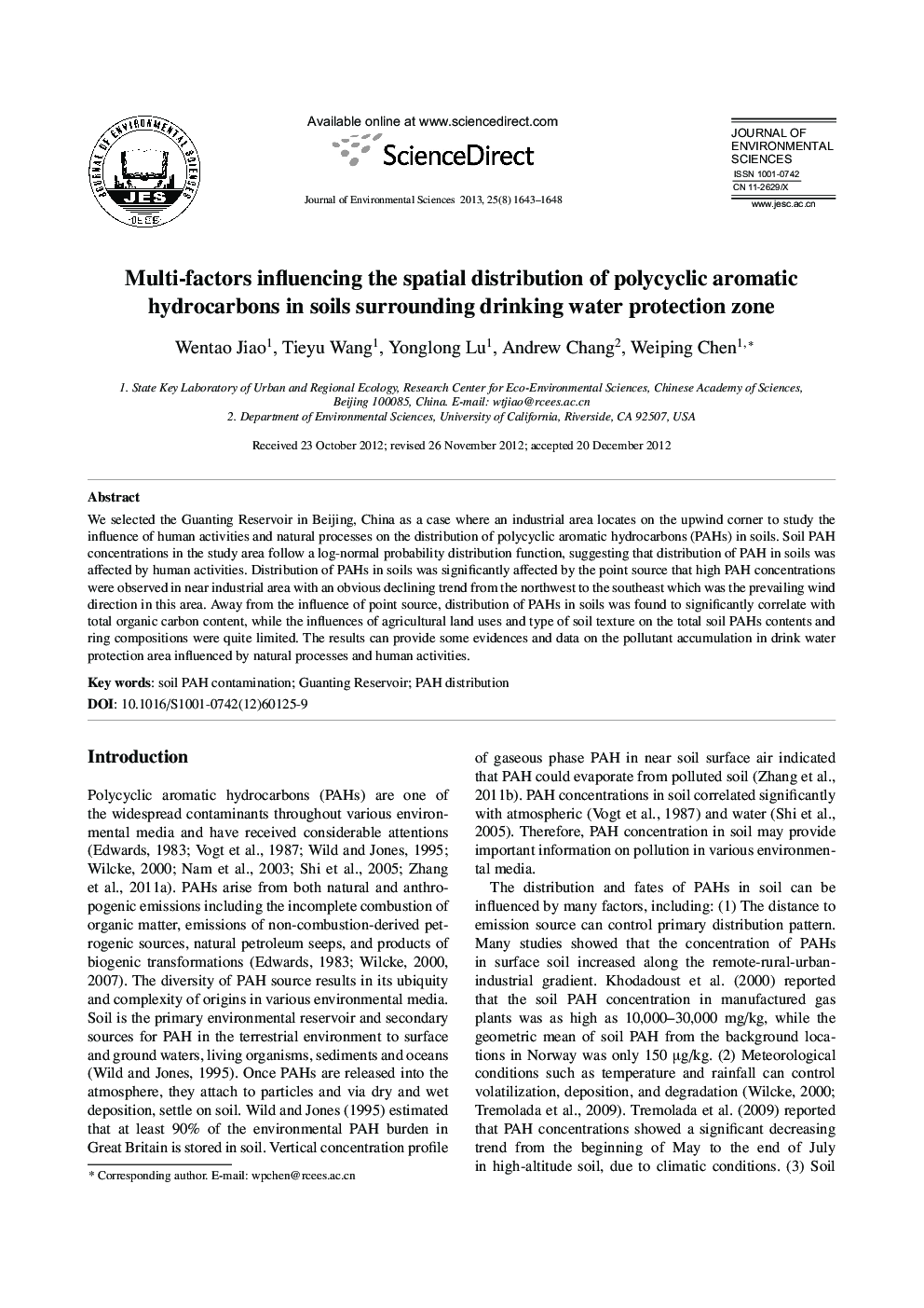 Multi-factors influencing the spatial distribution of polycyclic aromatic hydrocarbons in soils surrounding drinking water protection zone