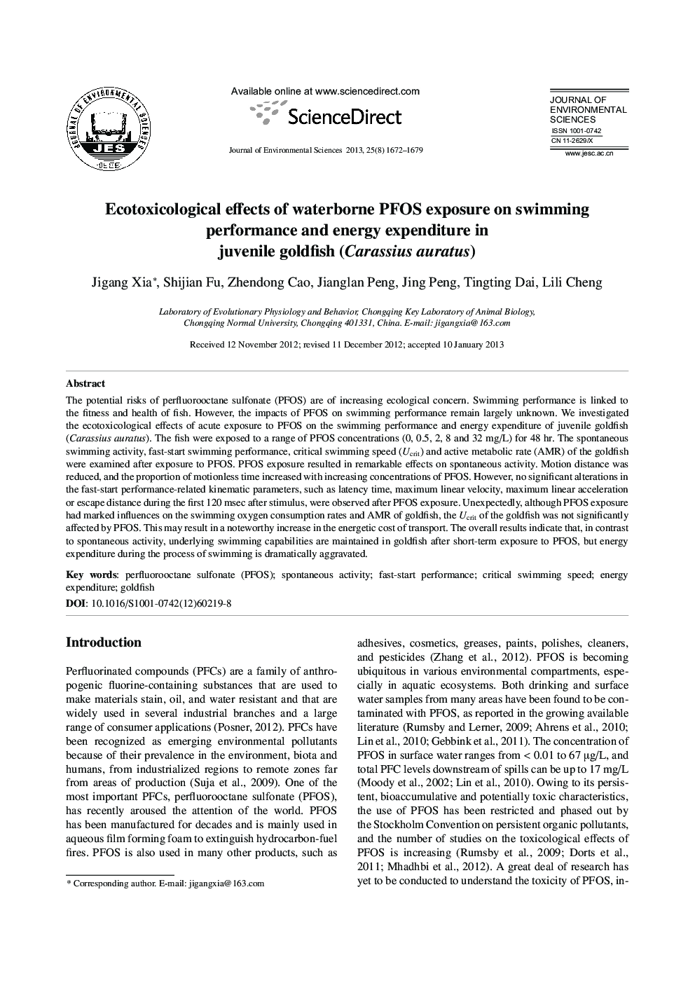 Ecotoxicological effects of waterborne PFOS exposure on swimming performance and energy expenditure in juvenile goldfish (Carassius auratus)