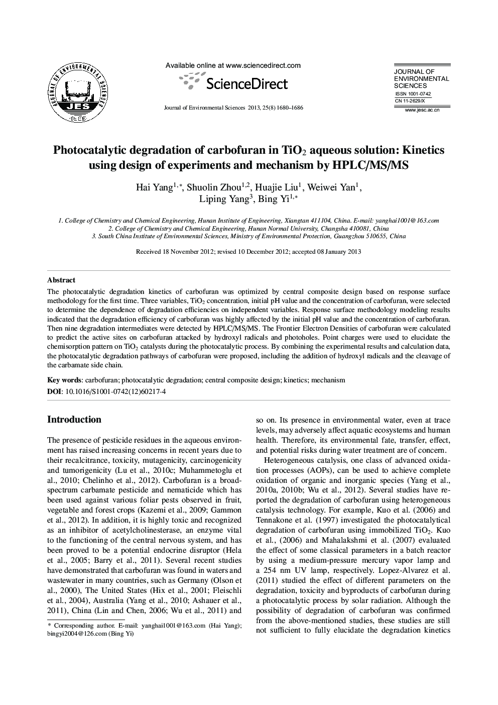 Photocatalytic degradation of carbofuran in TiO2 aqueous solution: Kinetics using design of experiments and mechanism by HPLC/MS/MS