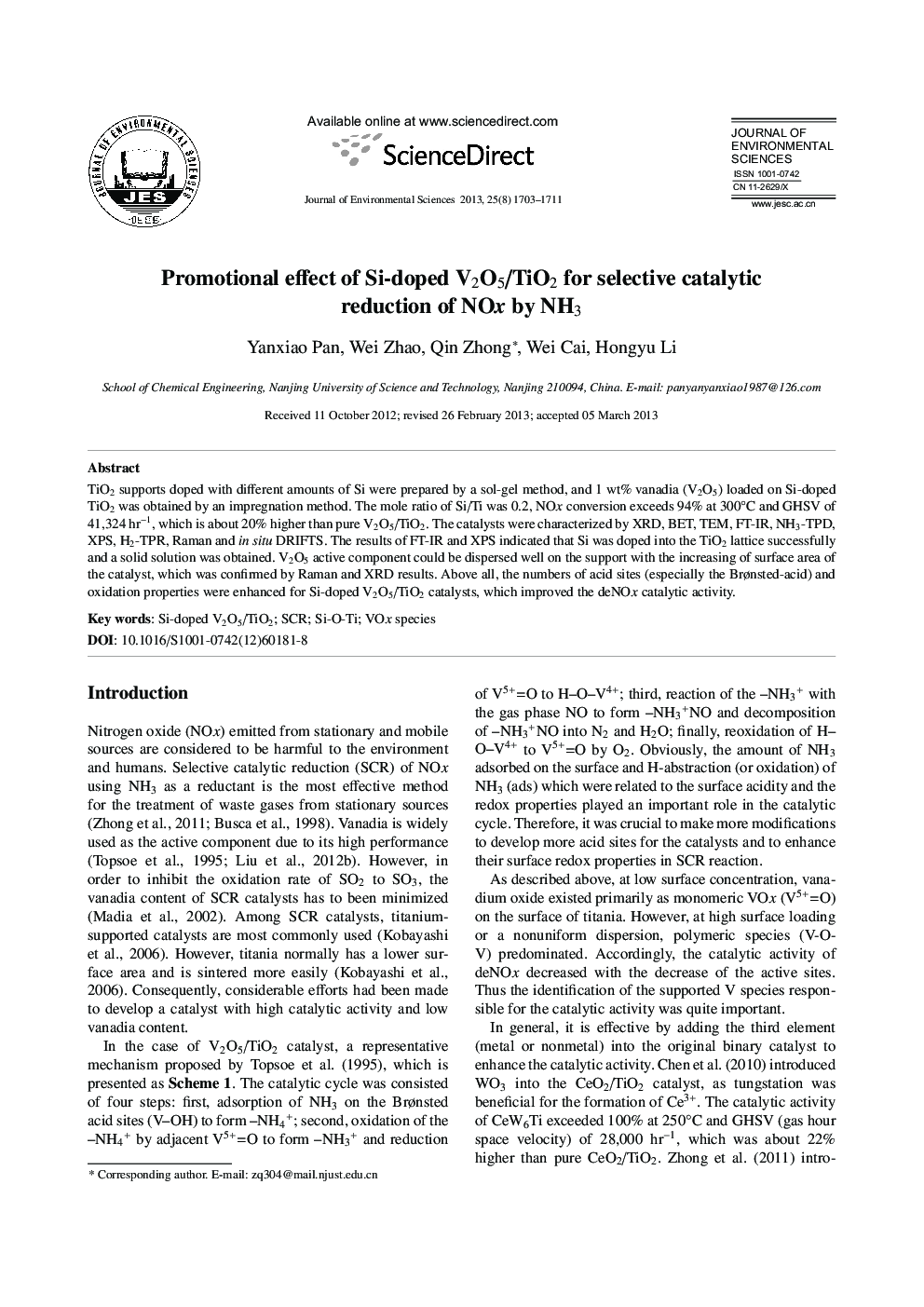 Promotional effect of Si-doped V2O5/TiO2 for selective catalytic reduction of NO x by NH3