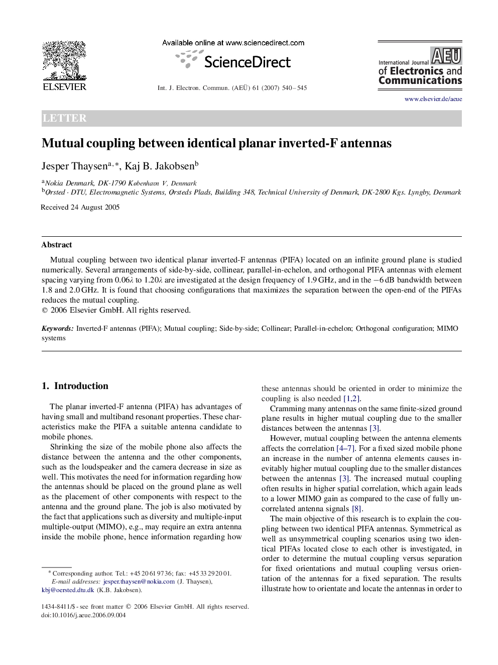 Mutual coupling between identical planar inverted-F antennas