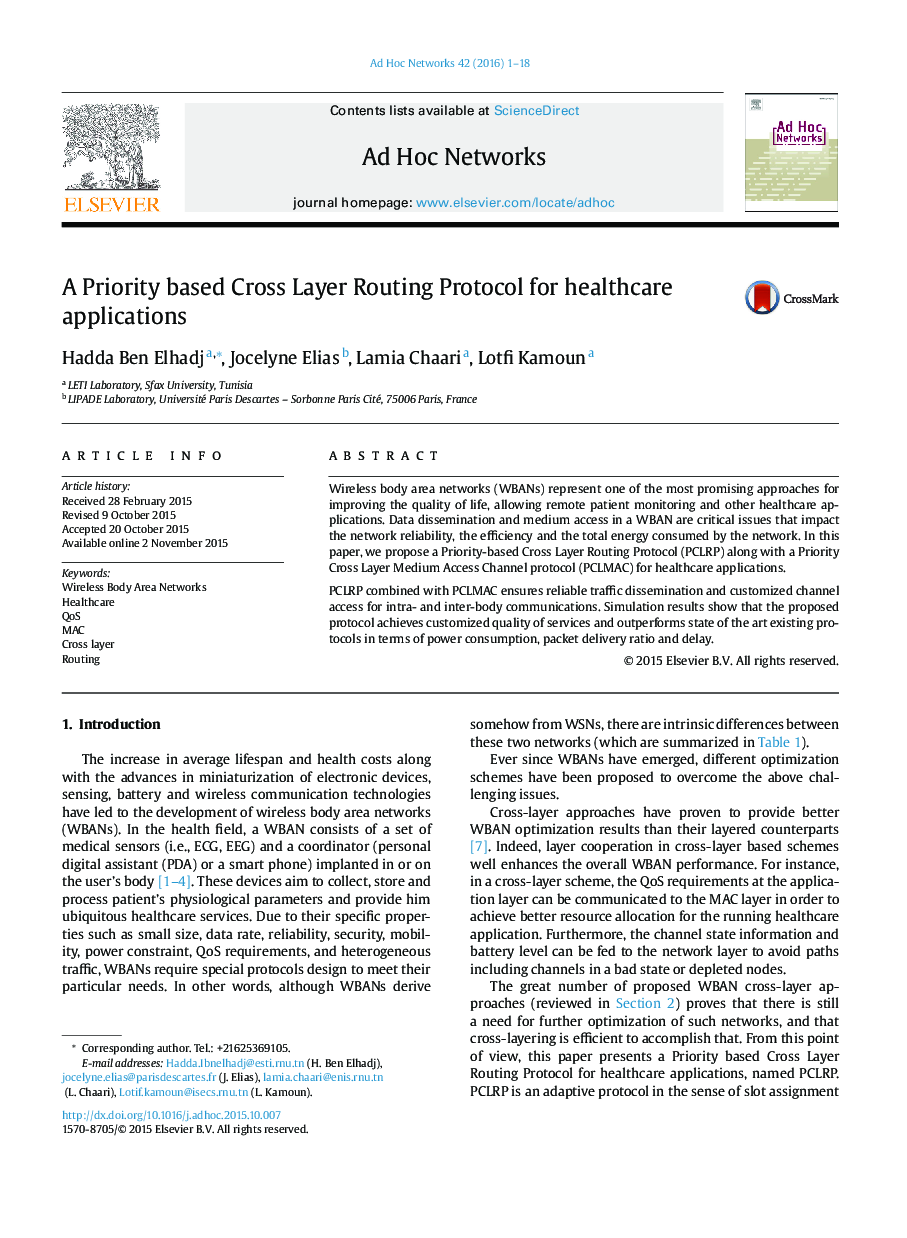 A Priority based Cross Layer Routing Protocol for healthcare applications