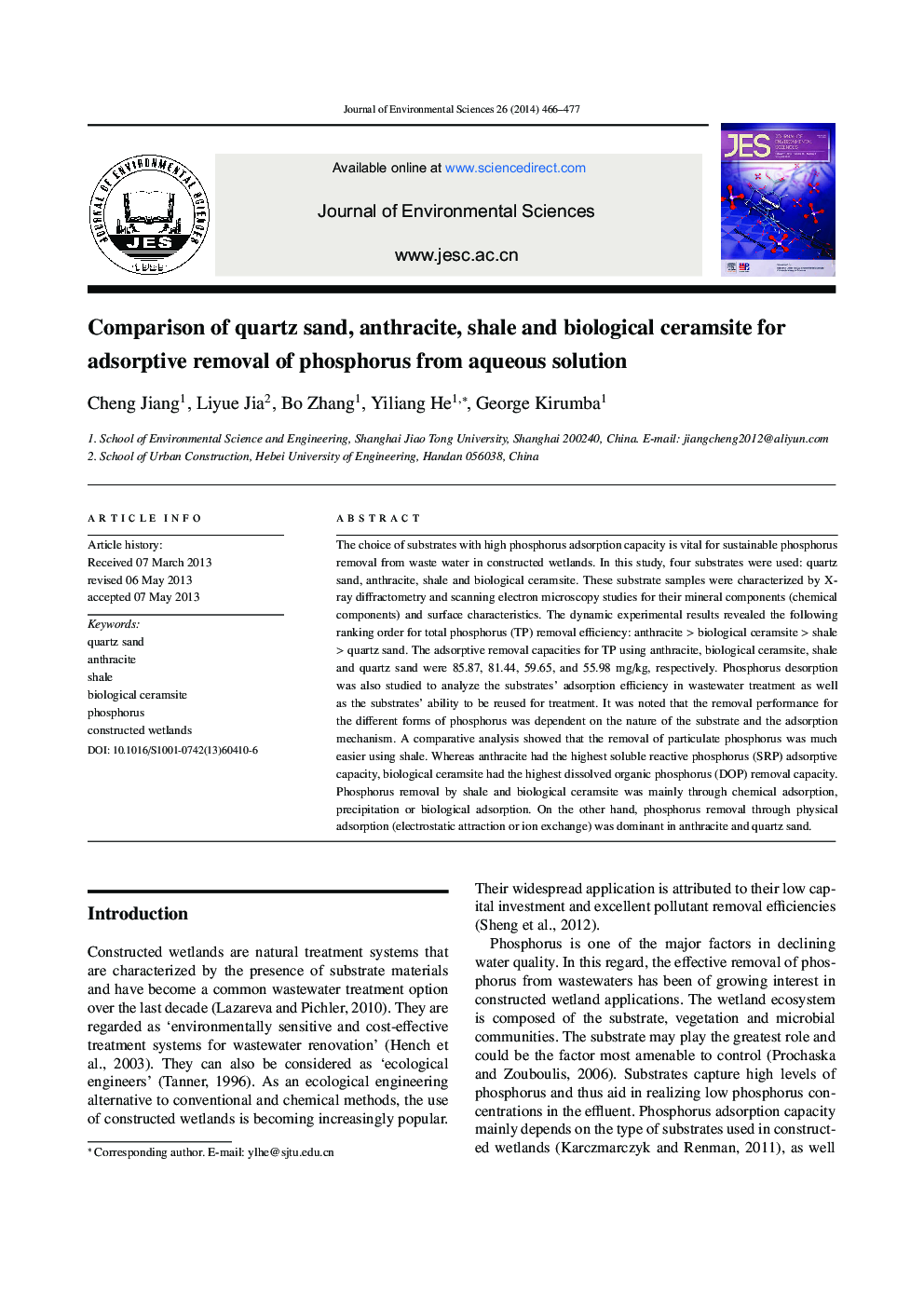 Comparison of quartz sand, anthracite, shale and biological ceramsite for adsorptive removal of phosphorus from aqueous solution