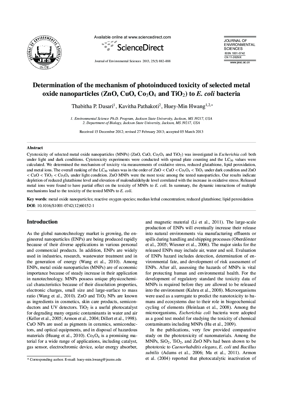 Determination of the mechanism of photoinduced toxicity of selected metal oxide nanoparticles (ZnO, CuO, Co3O4 and TiO2) to E. coli bacteria