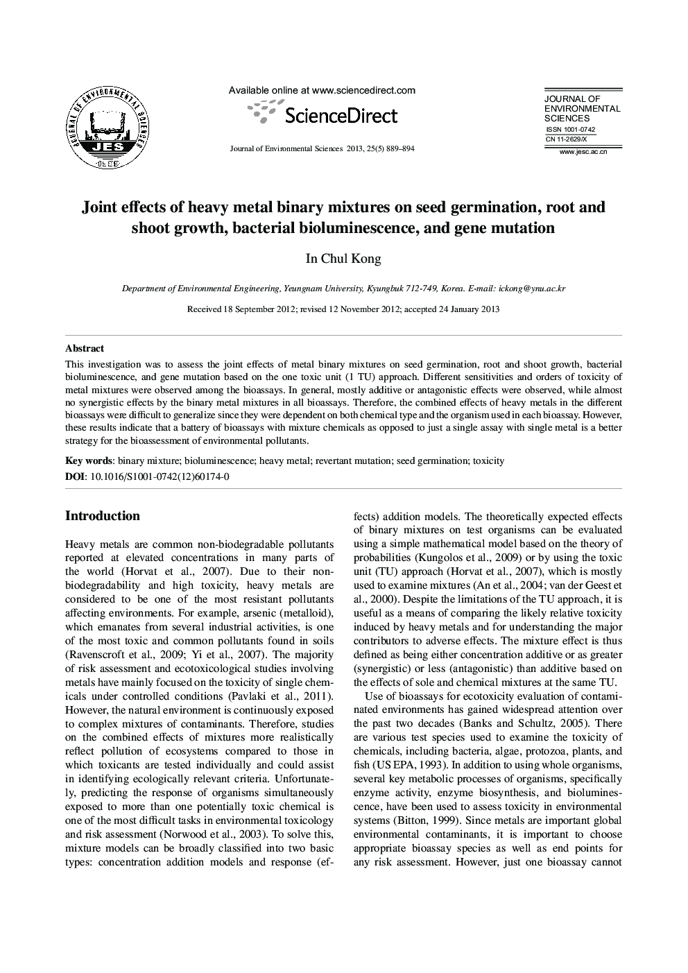 عکس صفحه اول مقاله: Joint effects of heavy metal binary mixtures on seed germination, root and shoot growth, bacterial bioluminescence, and gene mutation Joint effects of heavy metal binary mixtures on seed germination, root and shoot growth, bacterial bioluminescence, and gene mutation