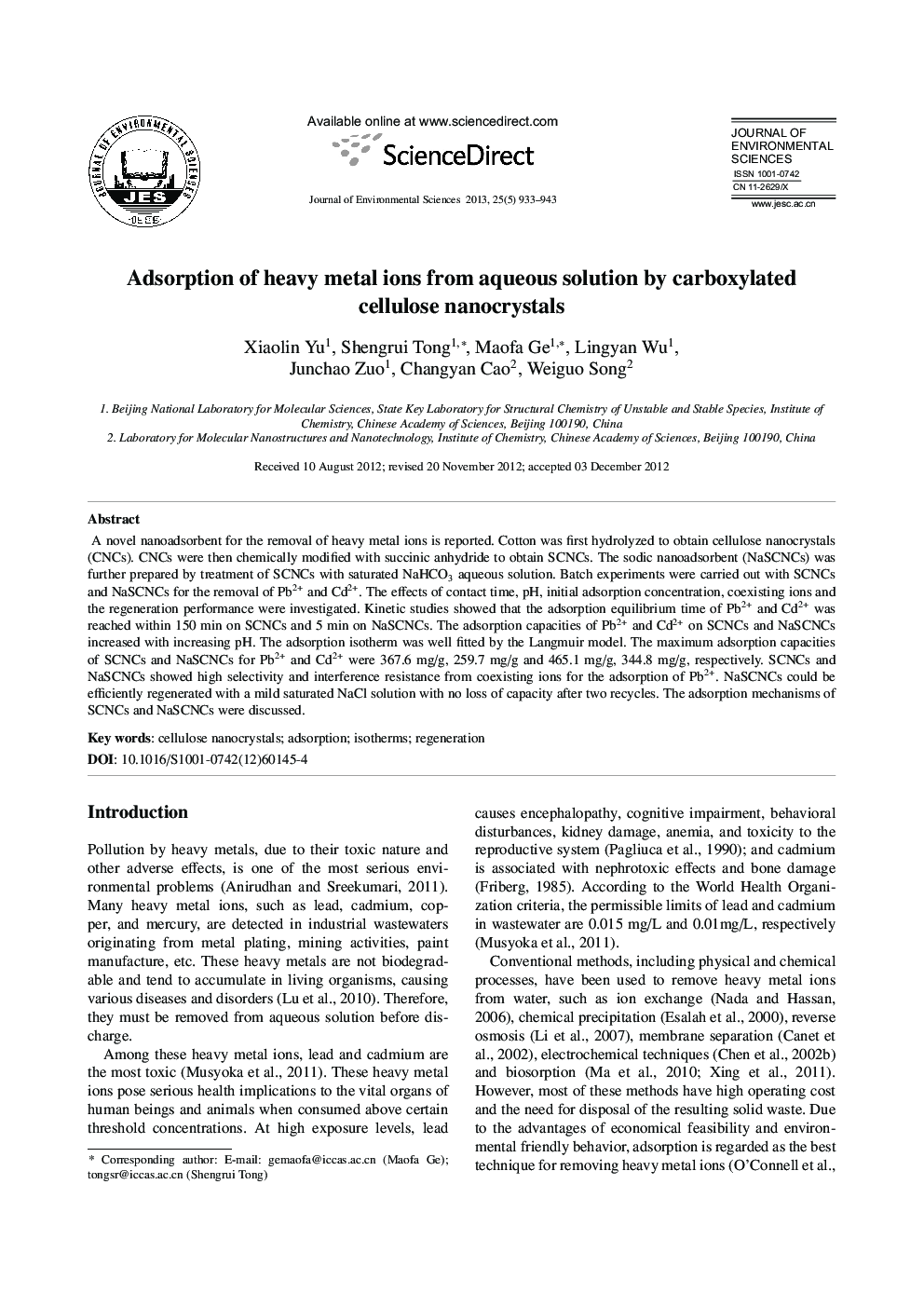 Adsorption of heavy metal ions from aqueous solution by carboxylated cellulose nanocrystals
