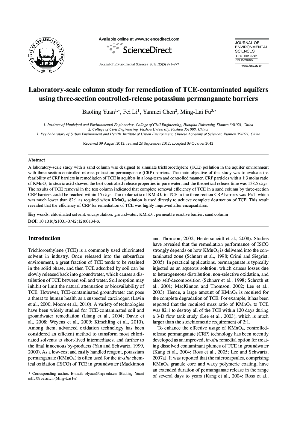 Laboratory-scale column study for remediation of TCE-contaminated aquifers using three-section controlled-release potassium permanganate barriers