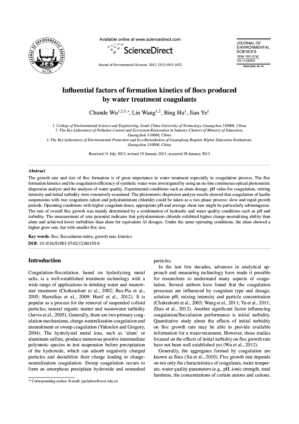 Influential factors of formation kinetics of flocs produced by water treatment coagulants