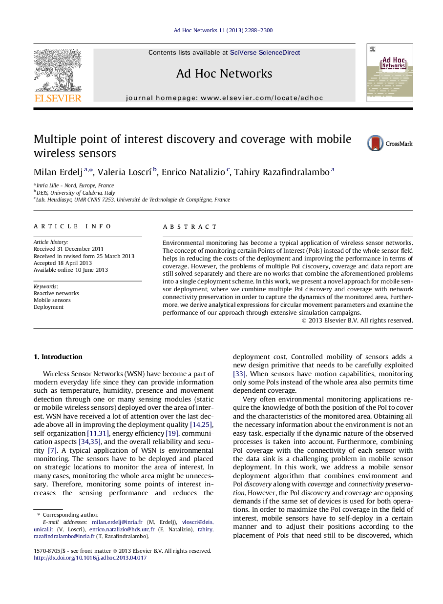 Multiple point of interest discovery and coverage with mobile wireless sensors