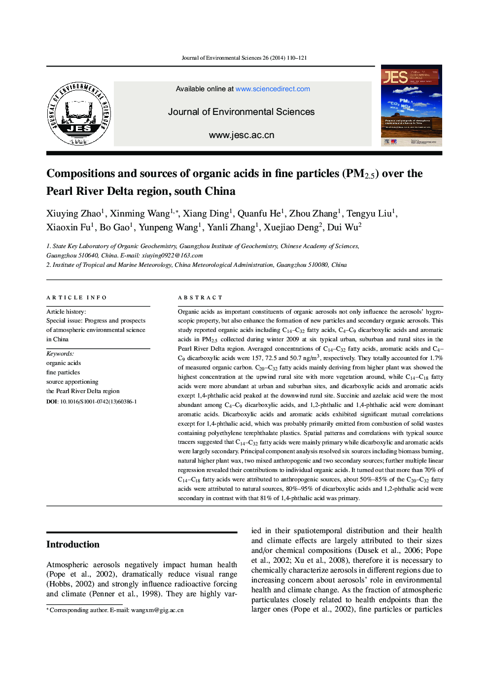 Compositions and sources of organic acids in fine particles (PM2.5) over the Pearl River Delta region, south China 