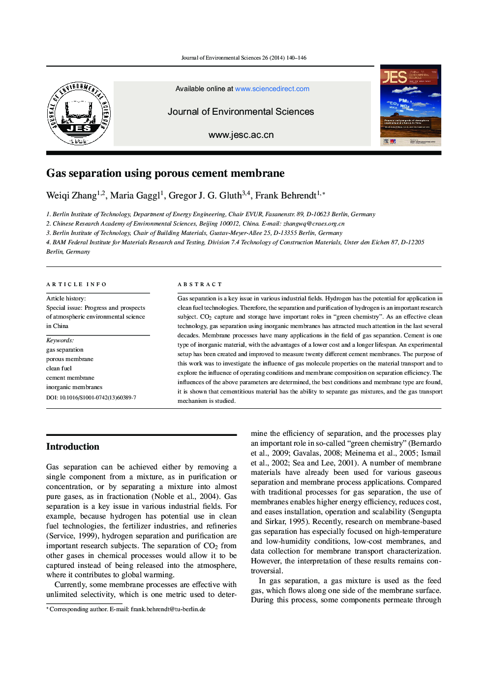 Gas separation using porous cement membrane 