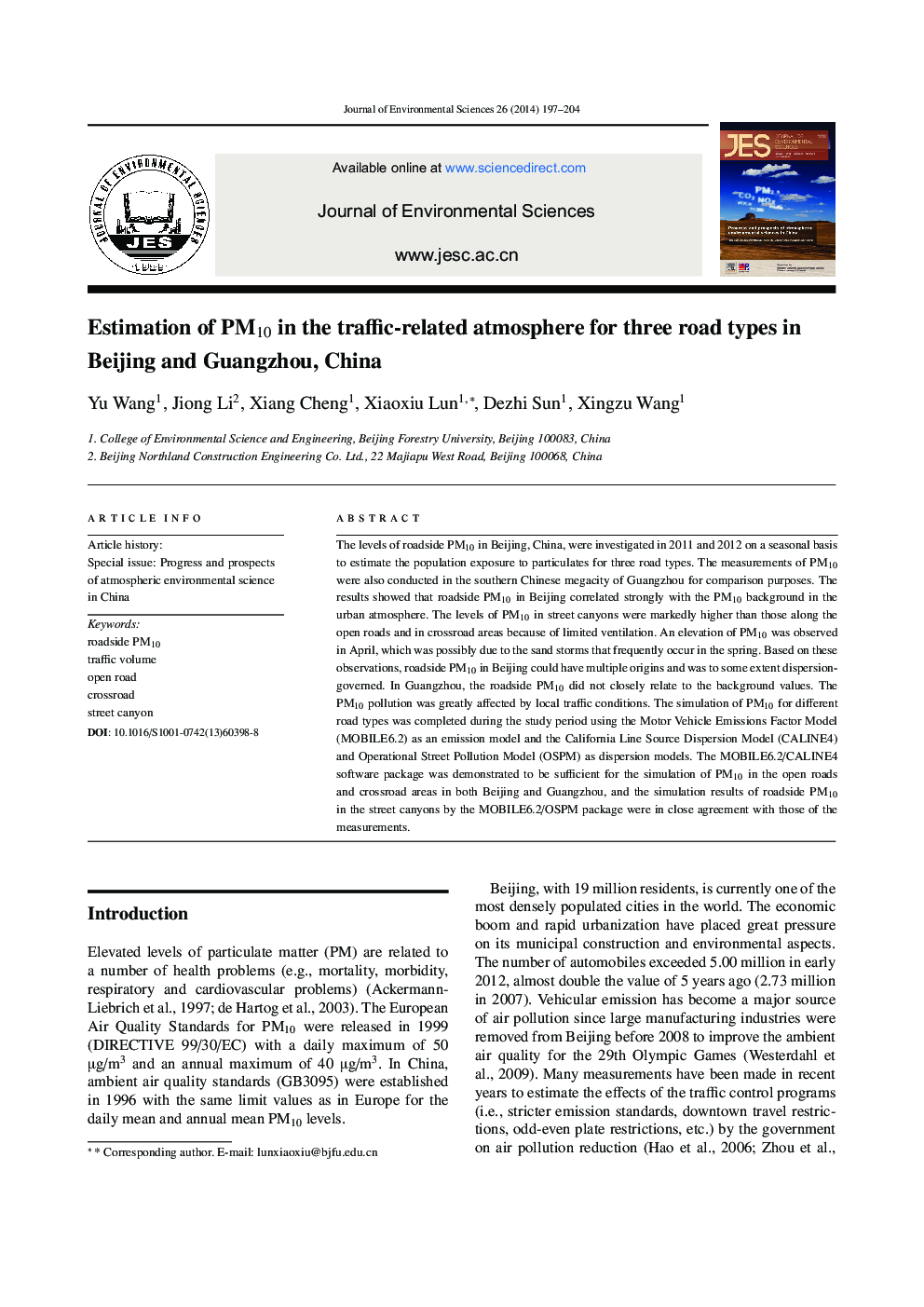 Estimation of PM10 in the traffic-related atmosphere for three road types in Beijing and Guangzhou, China 
