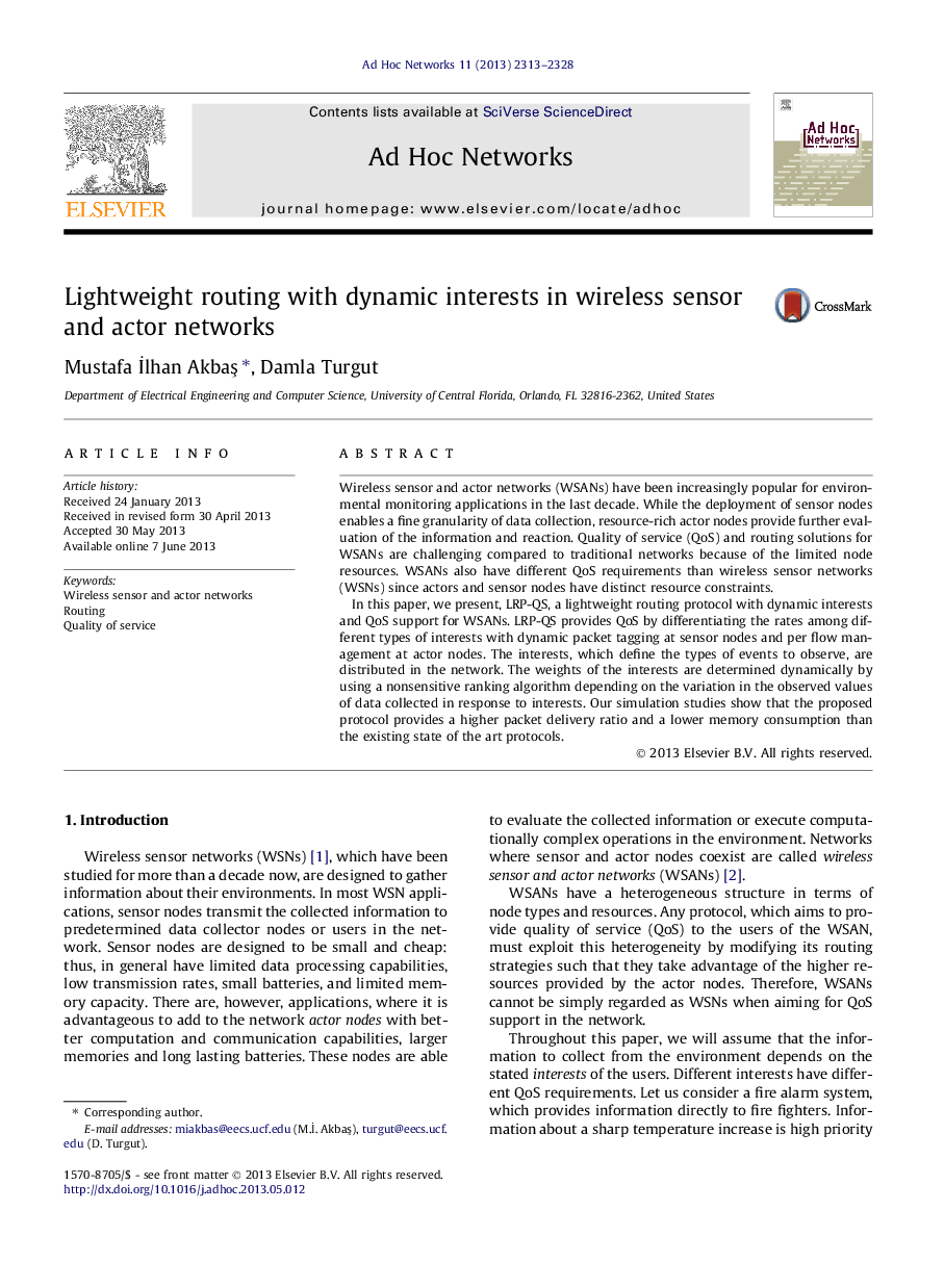 Lightweight routing with dynamic interests in wireless sensor and actor networks