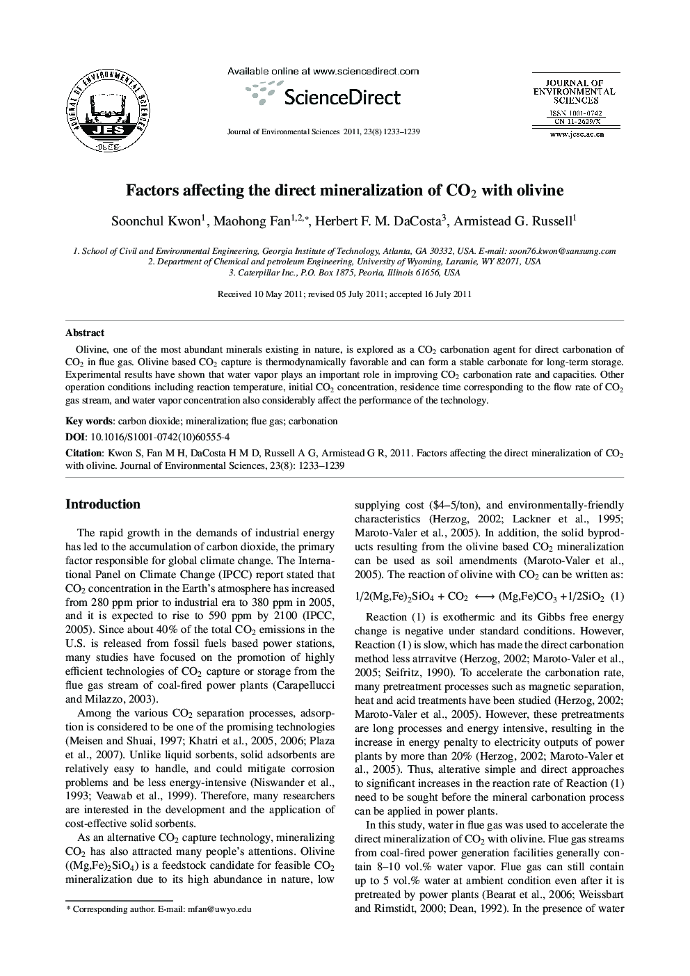 Factors affecting the direct mineralization of CO2 with olivine