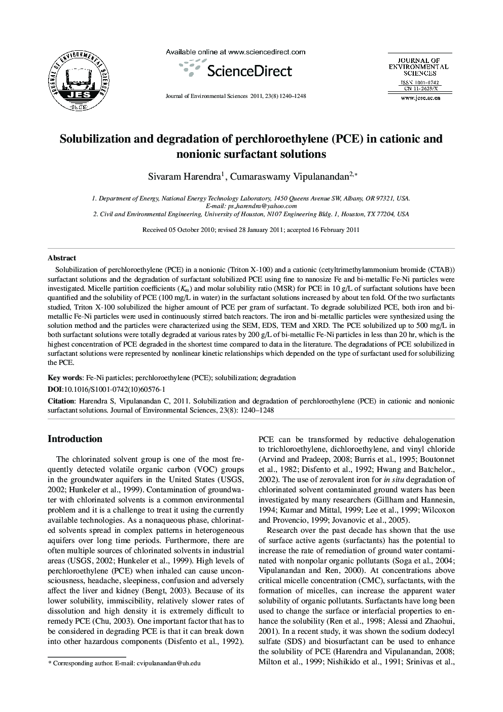 عکس صفحه اول مقاله: Solubilization and degradation of perchloroethylene (PCE) in cationic and nonionic surfactant solutions Solubilization and degradation of perchloroethylene (PCE) in cationic and nonionic surfactant solutions