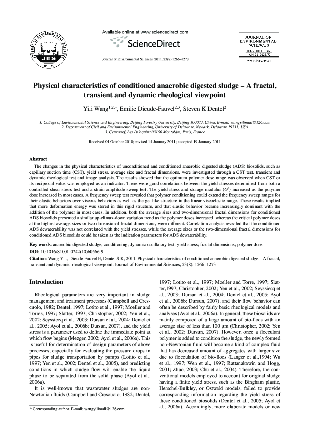 عکس صفحه اول مقاله: Physical characteristics of conditioned anaerobic digested sludge – A fractal, transient and dynamic rheological viewpoint Physical characteristics of conditioned anaerobic digested sludge – A fractal, transient and dynamic rheological viewpoint