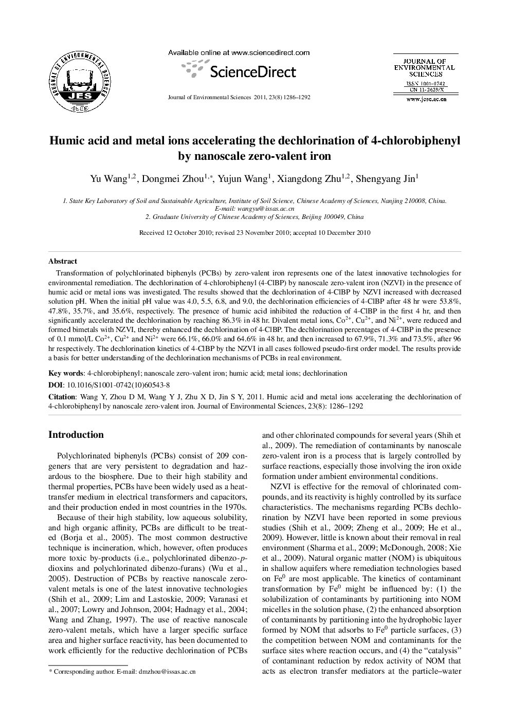 Humic acid and metal ions accelerating the dechlorination of 4-chlorobiphenyl by nanoscale zero-valent iron