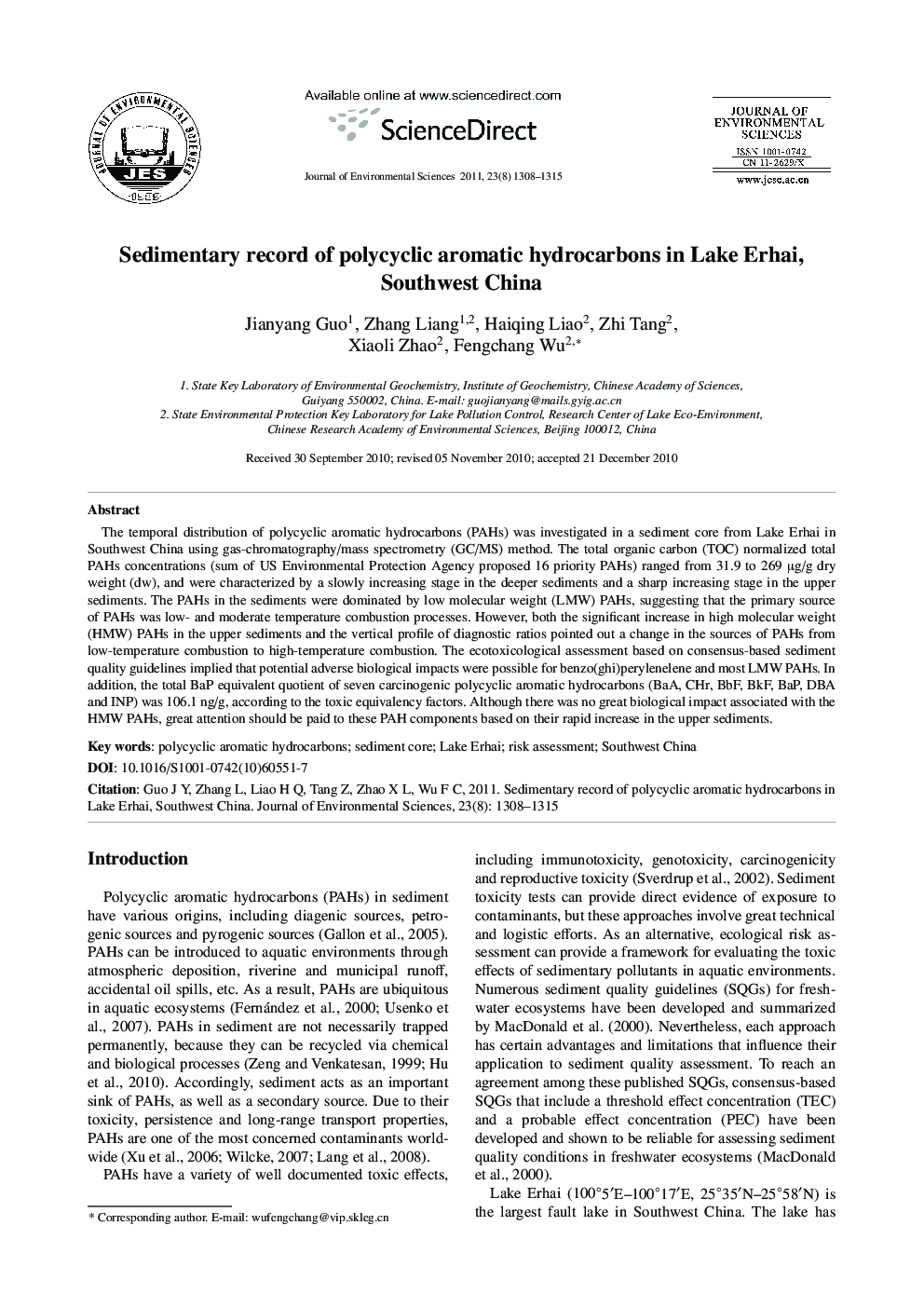 Sedimentary record of polycyclic aromatic hydrocarbons in Lake Erhai, Southwest China