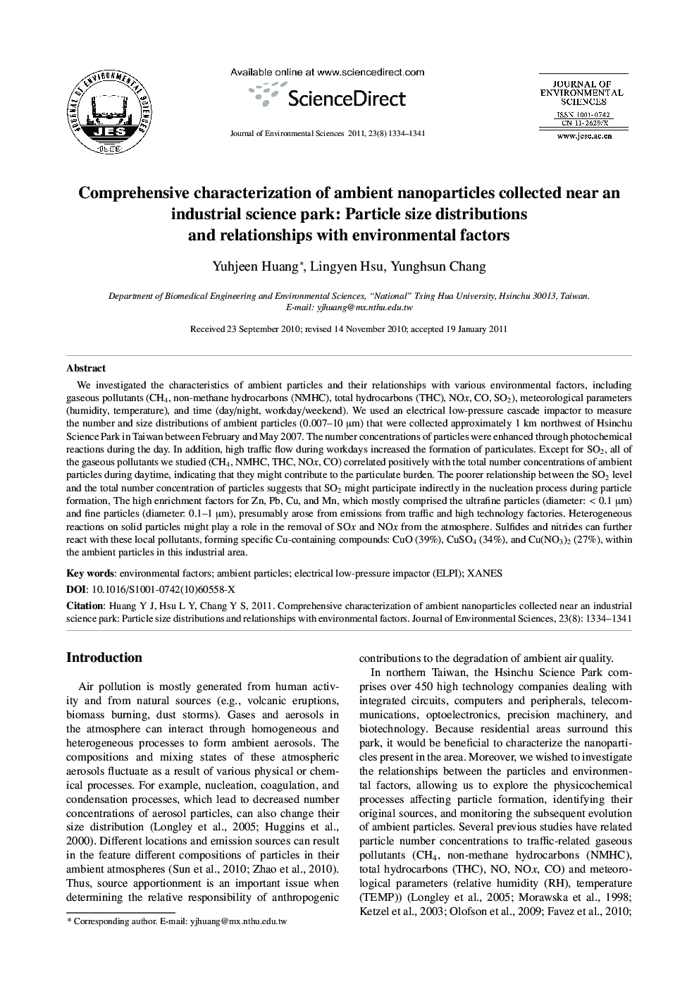 Comprehensive characterization of ambient nanoparticles collected near an industrial science park: Particle size distributions and relationships with environmental factors