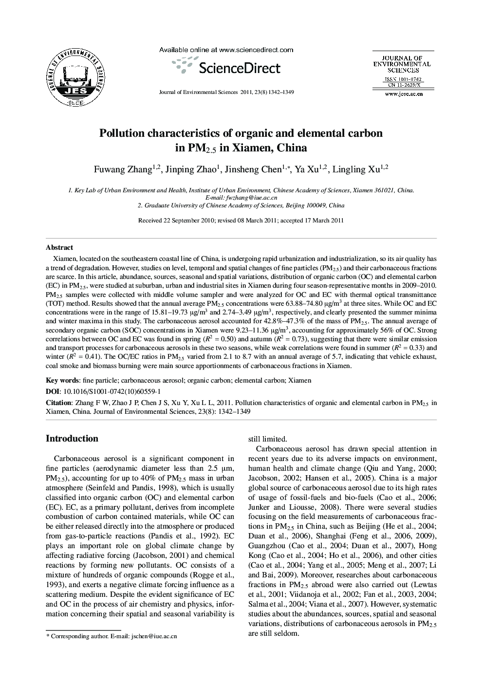 عکس صفحه اول مقاله: Pollution characteristics of organic and elemental carbon in PM2.5 in Xiamen, China Pollution characteristics of organic and elemental carbon in PM2.5 in Xiamen, China