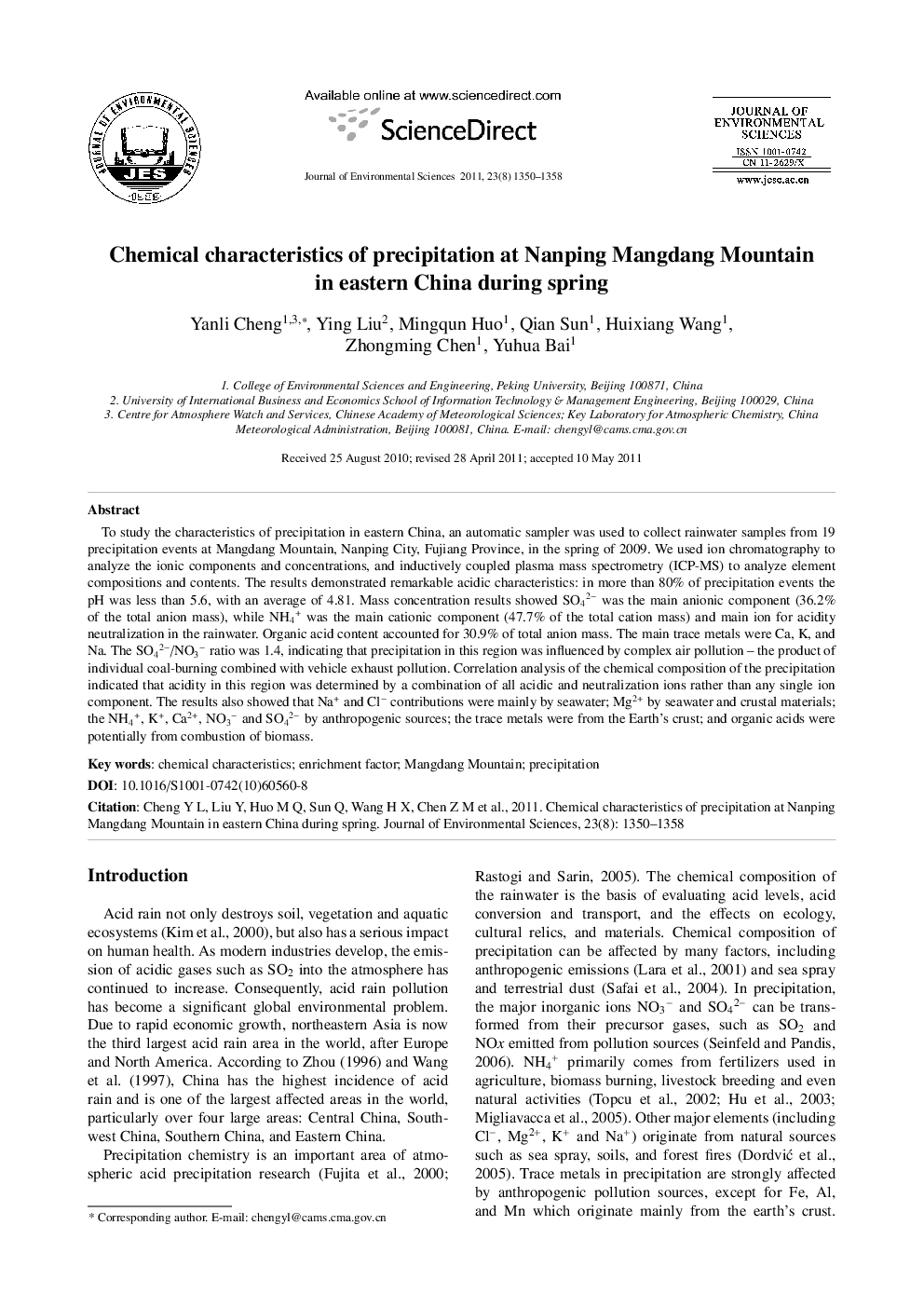 Chemical characteristics of precipitation at Nanping Mangdang Mountain in eastern China during spring