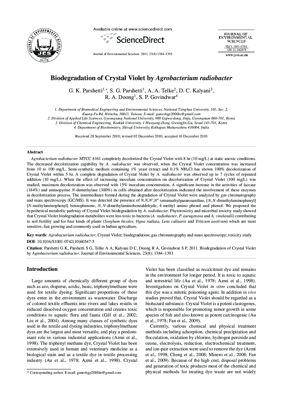 Biodegradation of Crystal Violet by Agrobacterium radiobacter