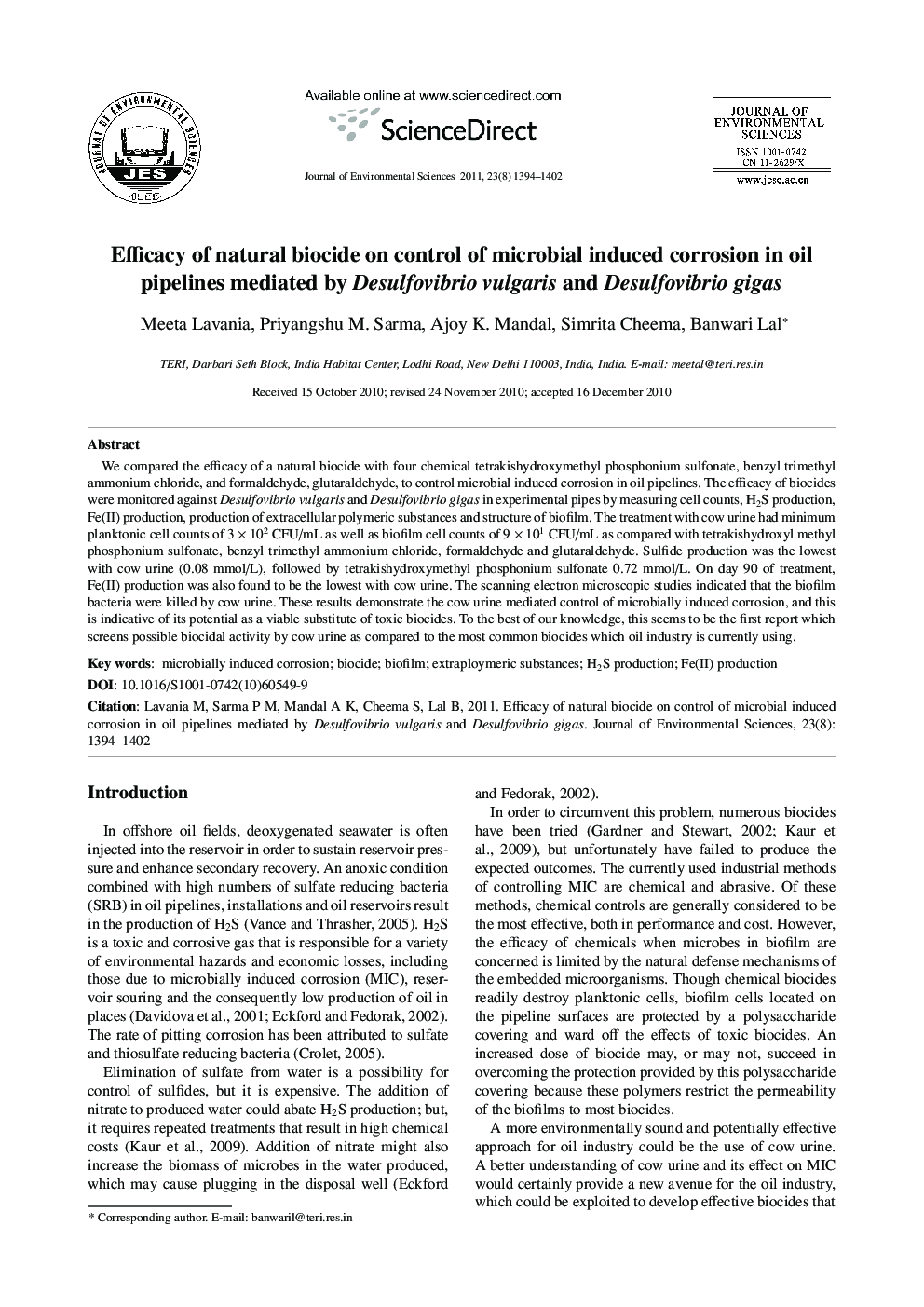 عکس صفحه اول مقاله: Efficacy of natural biocide on control of microbial induced corrosion in oil pipelines mediated by Desulfovibrio vulgaris and Desulfovibrio gigas Efficacy of natural biocide on control of microbial induced corrosion in oil pipelines mediated by Desulfovibrio vulgaris and Desulfovibrio gigas