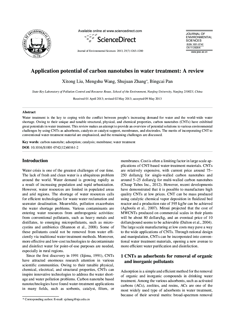 Application potential of carbon nanotubes in water treatment: A review