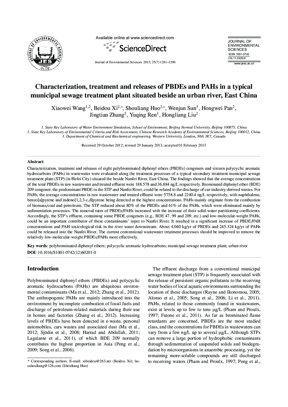 Characterization, treatment and releases of PBDEs and PAHs in a typical municipal sewage treatment plant situated beside an urban river, East China