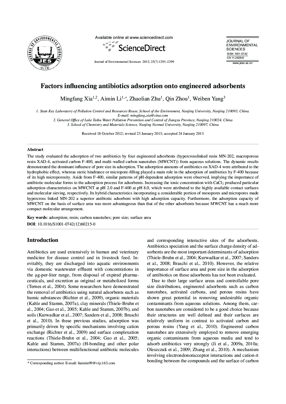 Factors influencing antibiotics adsorption onto engineered adsorbents