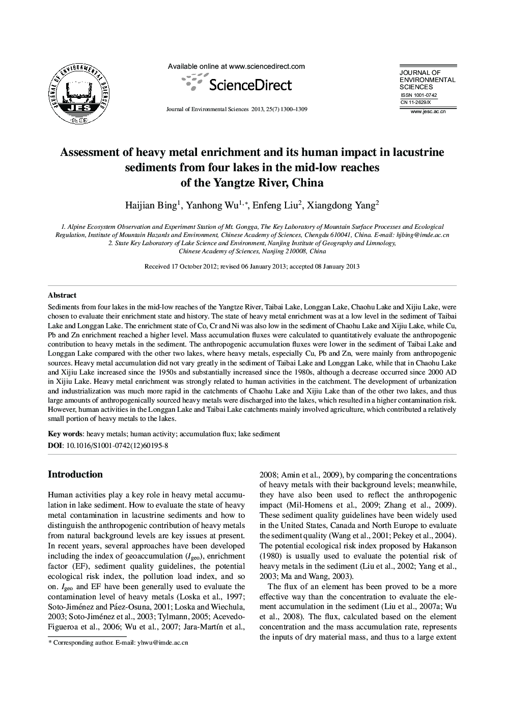 Assessment of heavy metal enrichment and its human impact in lacustrine sediments from four lakes in the mid-low reaches of the Yangtze River, China