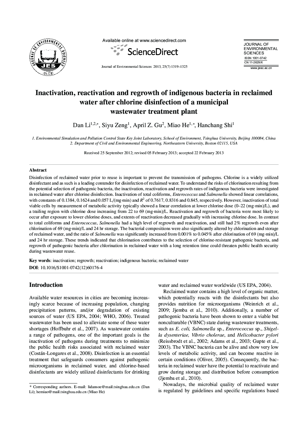 Inactivation, reactivation and regrowth of indigenous bacteria in reclaimed water after chlorine disinfection of a municipal wastewater treatment plant