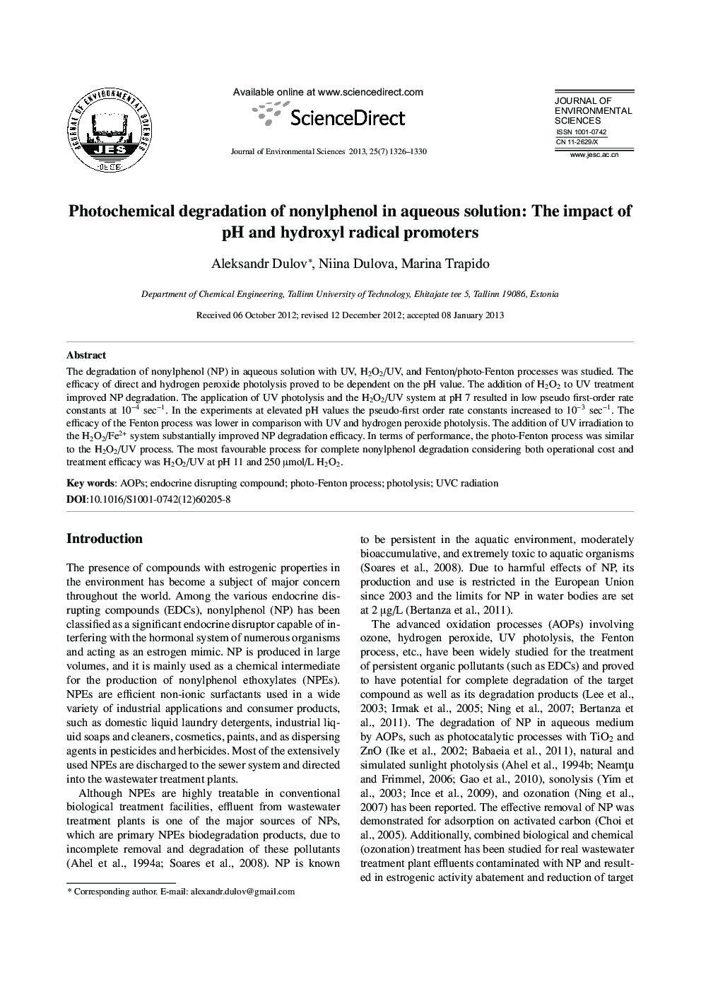 Photochemical degradation of nonylphenol in aqueous solution: The impact of pH and hydroxyl radical promoters