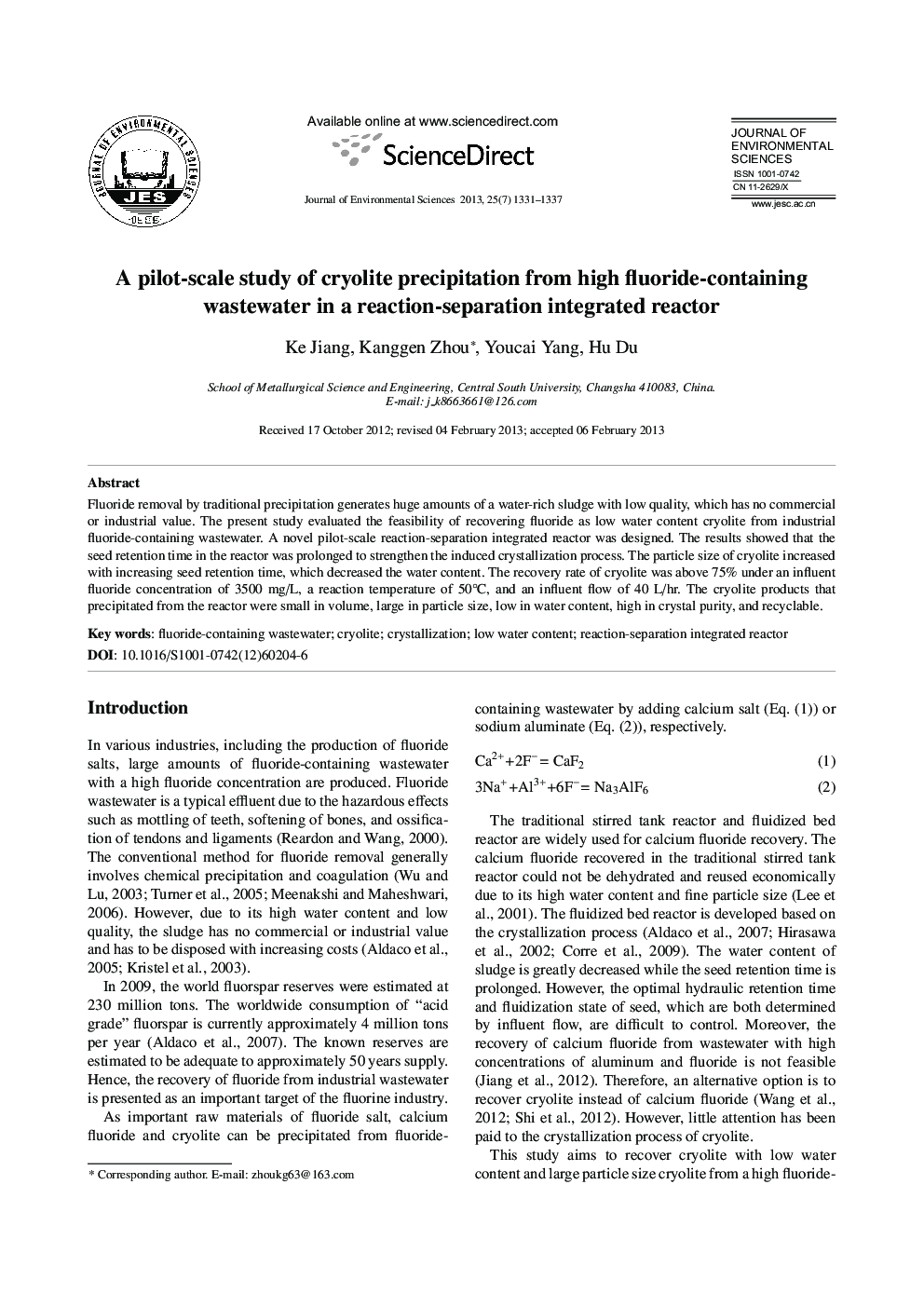 A pilot-scale study of cryolite precipitation from high fluoride-containing wastewater in a reaction-separation integrated reactor