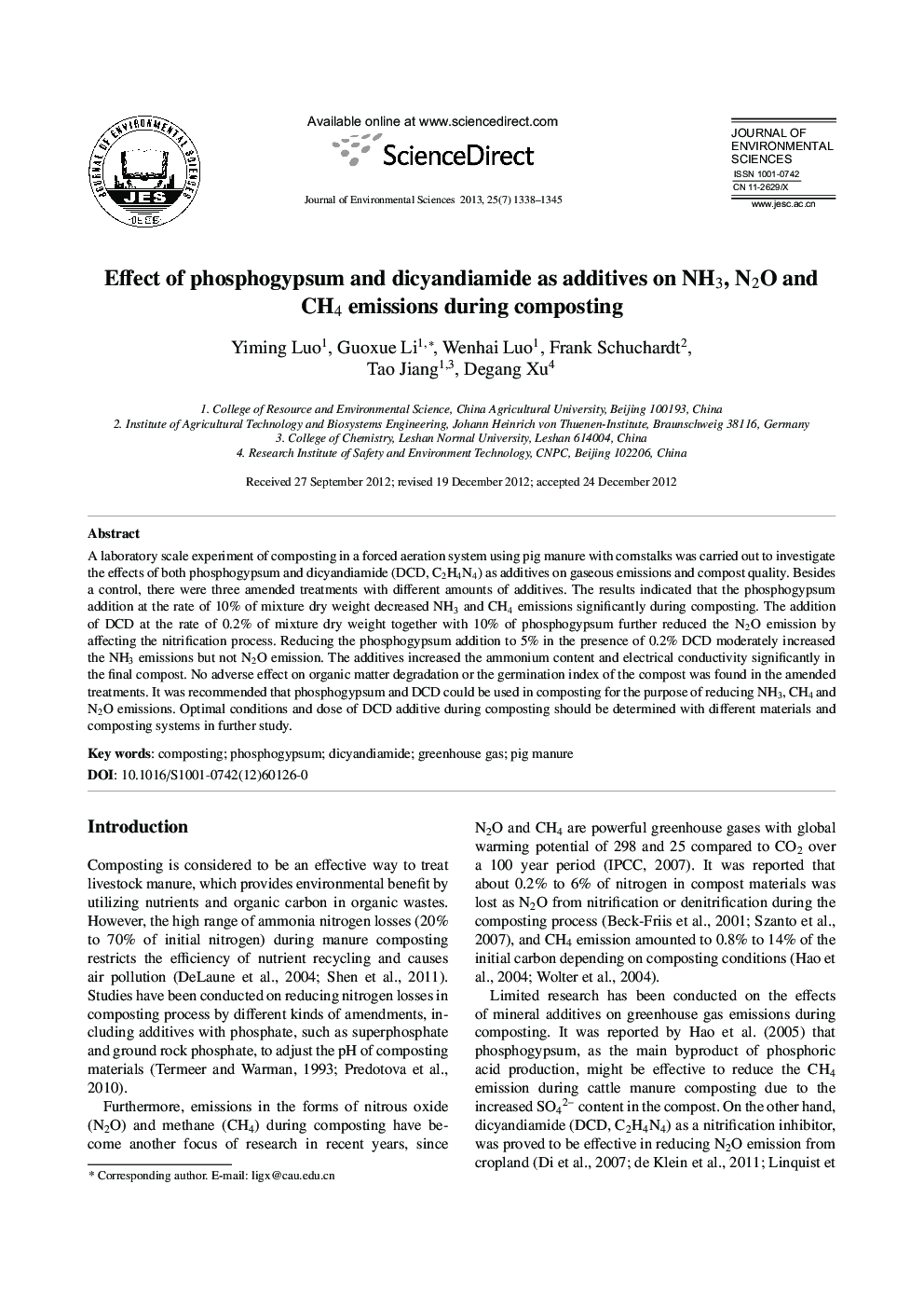 Effect of phosphogypsum and dicyandiamide as additives on NH3, N2O and CH4 emissions during composting