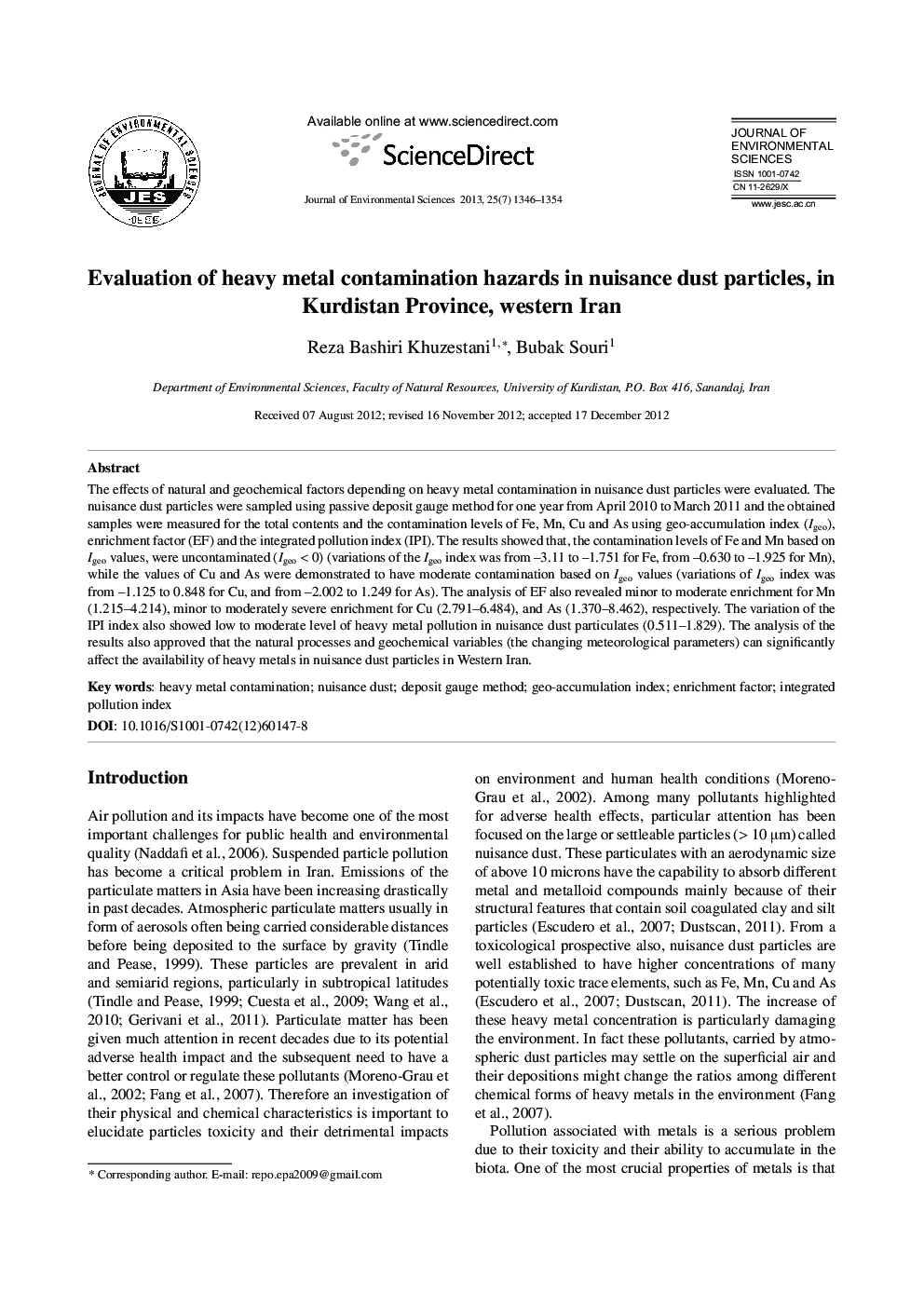 Evaluation of heavy metal contamination hazards in nuisance dust particles, in Kurdistan Province, western Iran