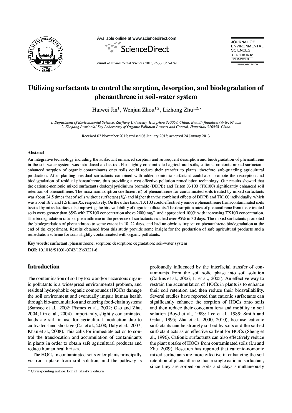 Utilizing surfactants to control the sorption, desorption, and biodegradation of phenanthrene in soil-water system