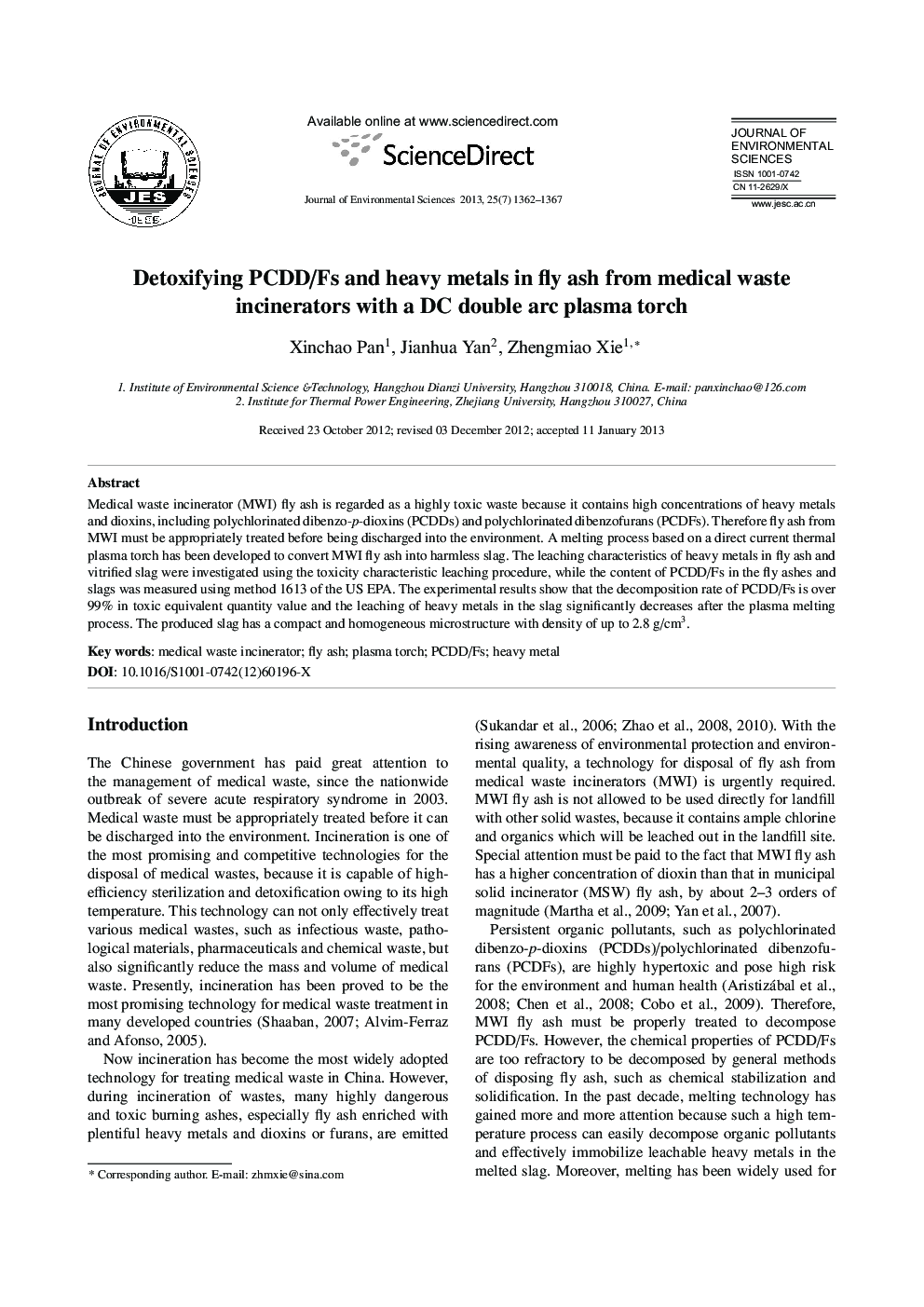 Detoxifying PCDD/Fs and heavy metals in fly ash from medical waste incinerators with a DC double arc plasma torch