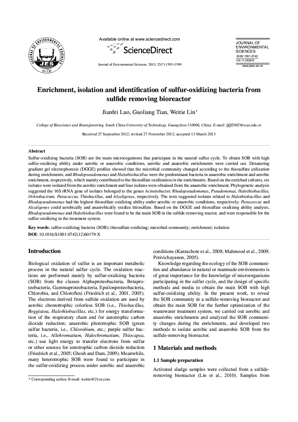 Enrichment, isolation and identification of sulfur-oxidizing bacteria from sulfide removing bioreactor