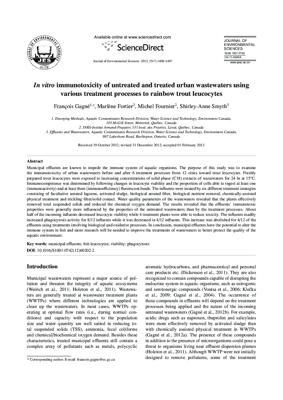 In vitro immunotoxicity of untreated and treated urban wastewaters using various treatment processes to rainbow trout leucocytes