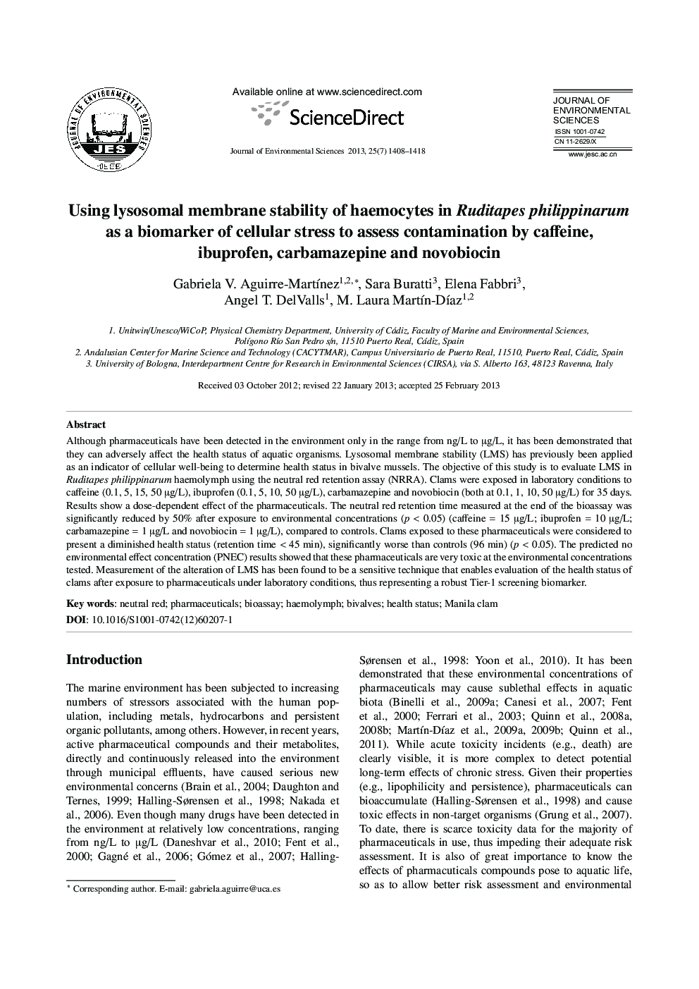 Using lysosomal membrane stability of haemocytes in Ruditapes philippinarum as a biomarker of cellular stress to assess contamination by caffeine, ibuprofen, carbamazepine and novobiocin