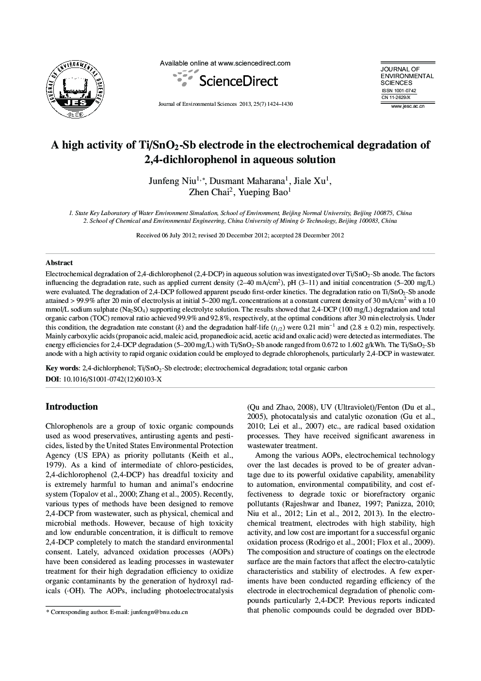 A high activity of Ti/SnO2-Sb electrode in the electrochemical degradation of 2,4-dichlorophenol in aqueous solution