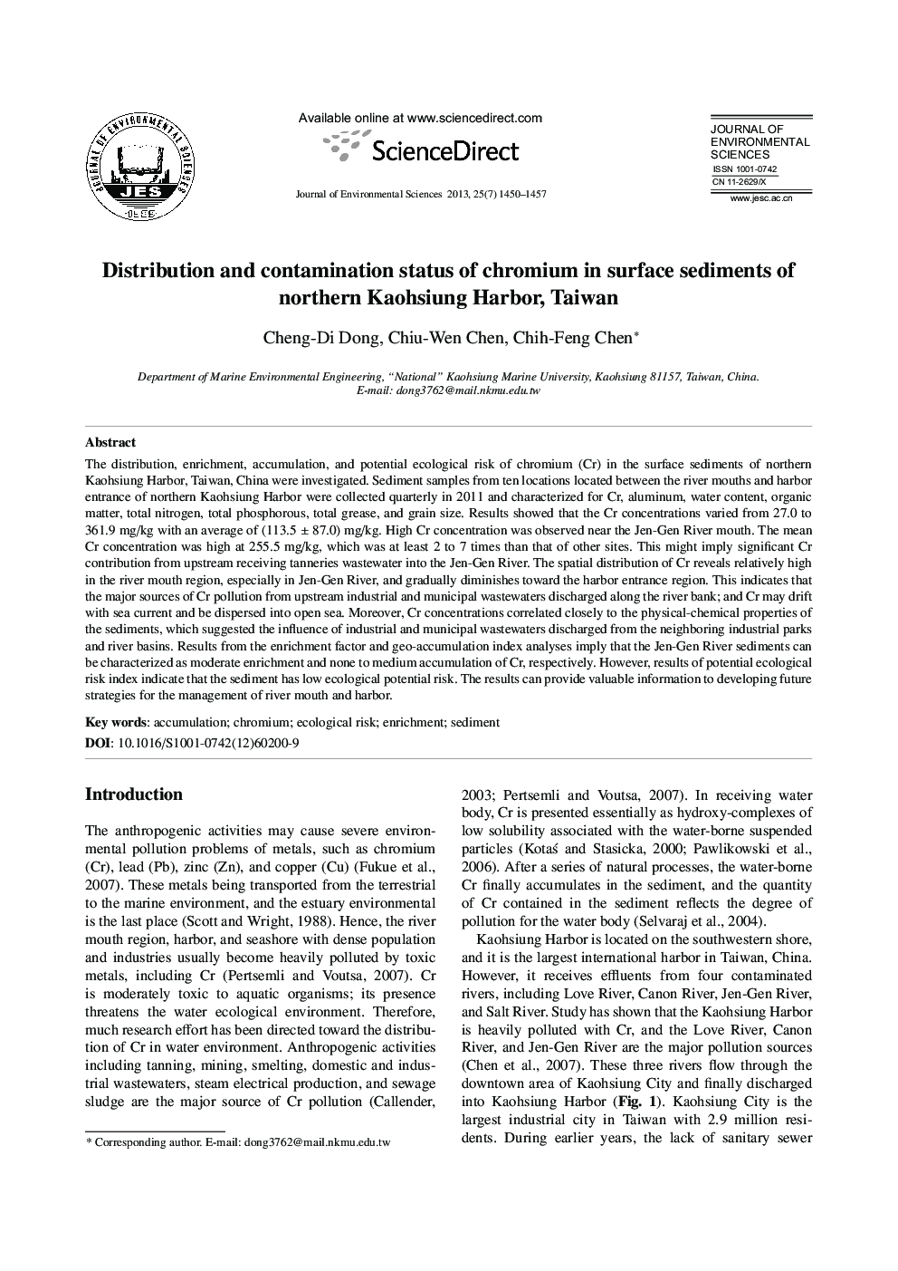 Distribution and contamination status of chromium in surface sediments of northern Kaohsiung Harbor, Taiwan