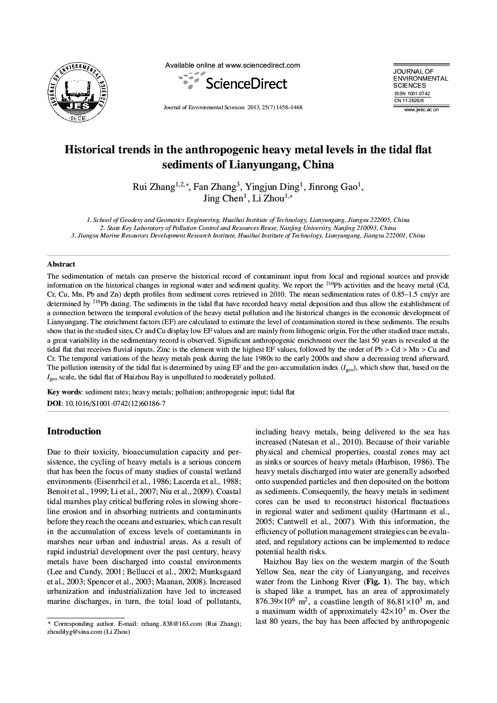 Historical trends in the anthropogenic heavy metal levels in the tidal flat sediments of Lianyungang, China